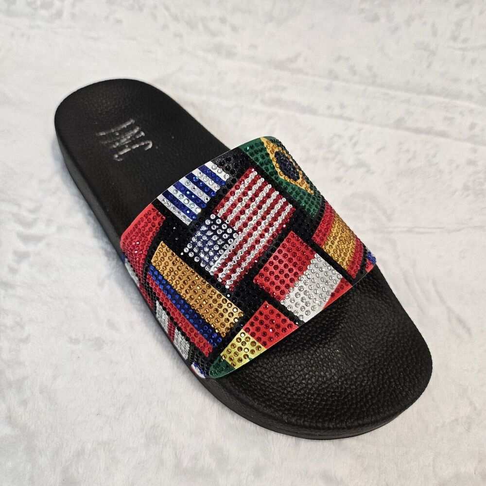 Women's 6 Shoes Sandals Multicolor Flags Rhinestones USA Brazil Spain UK Japan